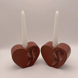 Hand Painted, Tole Design, Wooden Heart Candlesticks, Brick Red, Signed, 1985